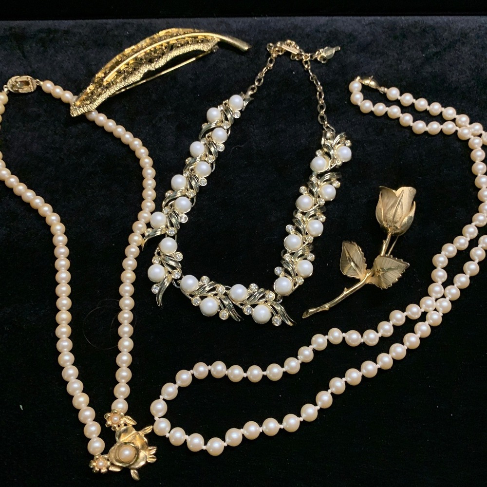 Vintage Richelieu Faux Pearl Necklace Brooch Lot Gold Tone Rhinestone 4pc Set